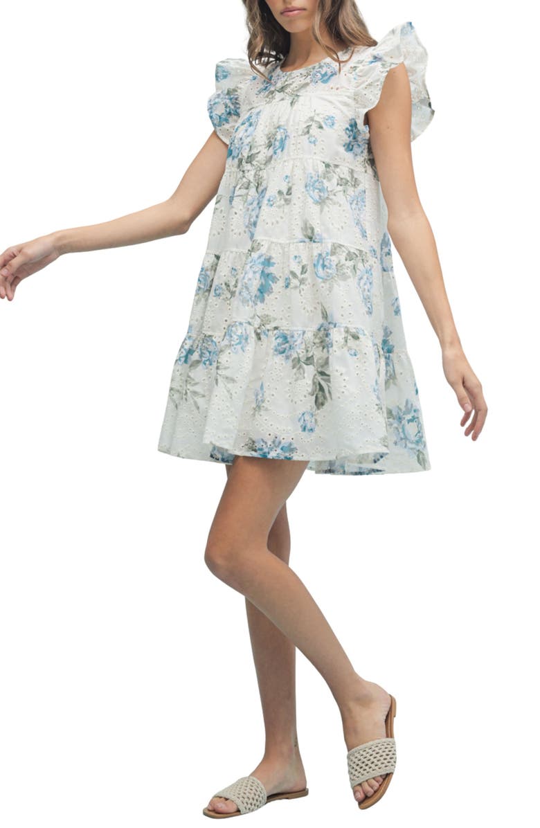 WISHLIST Floral Eyelet Babydoll Dress, Alternate, color, Blue/ Cream