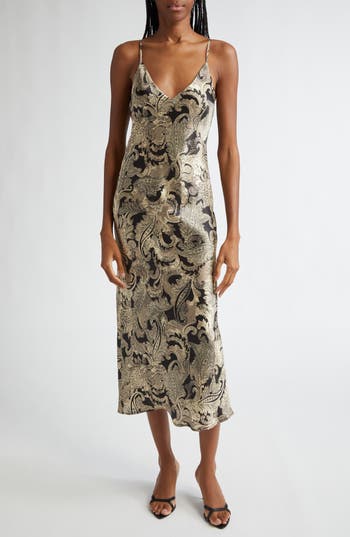 L Agence Seridie Silk Slip Dress In Gold Multi Textured Paisley
