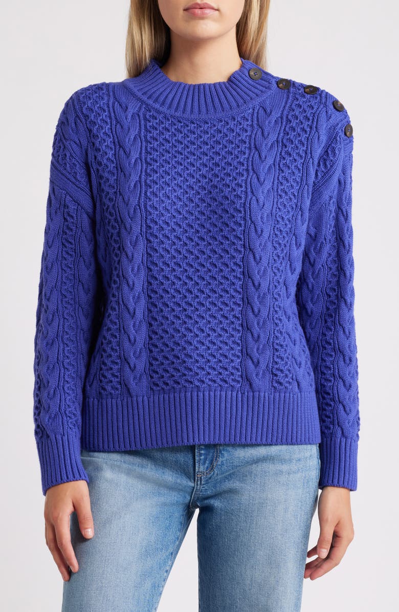 Hatley Cable Stitch Button Shoulder Cotton & Cashmere Sweater, Main, color, 