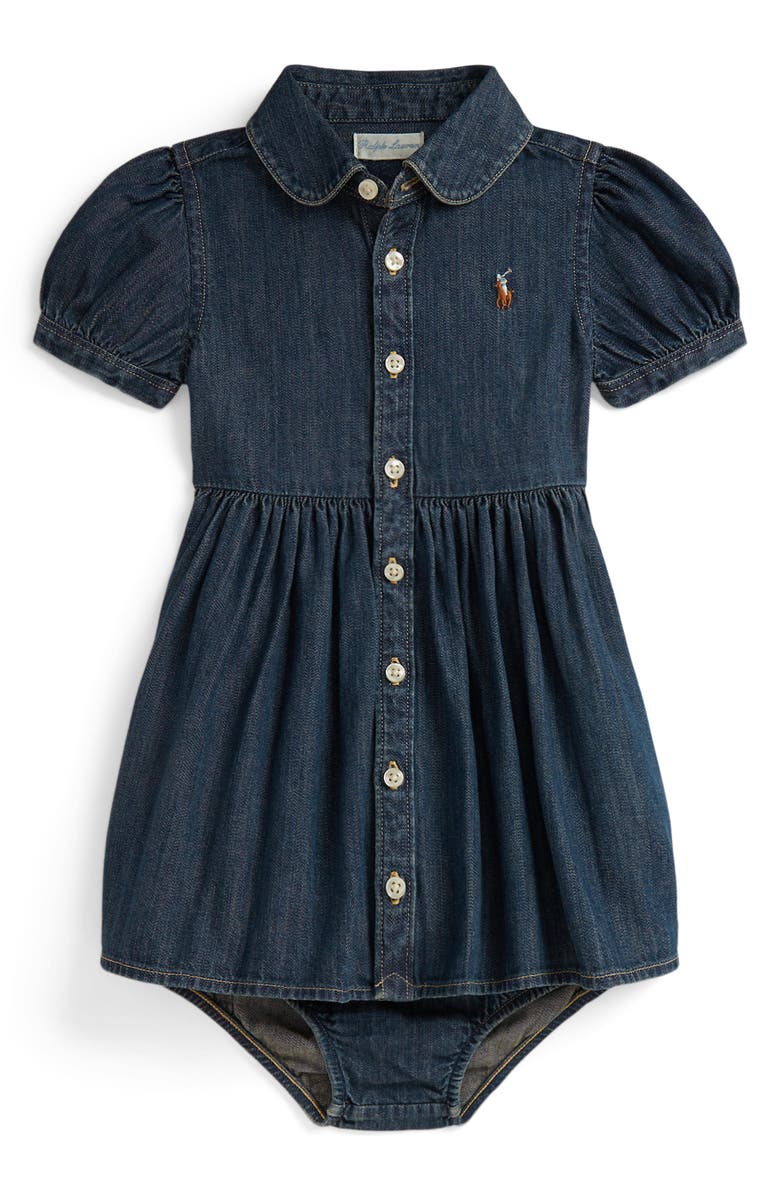 Ralph Lauren Puff Sleeve Cotton Denim Button-Up Shirtdress with Bloomers, Main, color, Blaine Wash