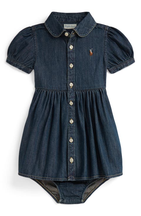 Puff Sleeve Cotton Denim Button-Up Shirtdress with Bloomers (Baby)
