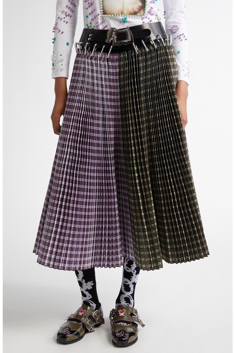 Catherine Mixed Plaid Pleated Carabiner Midi Skirt, Main, color, GREEN AND PINK TARTAN