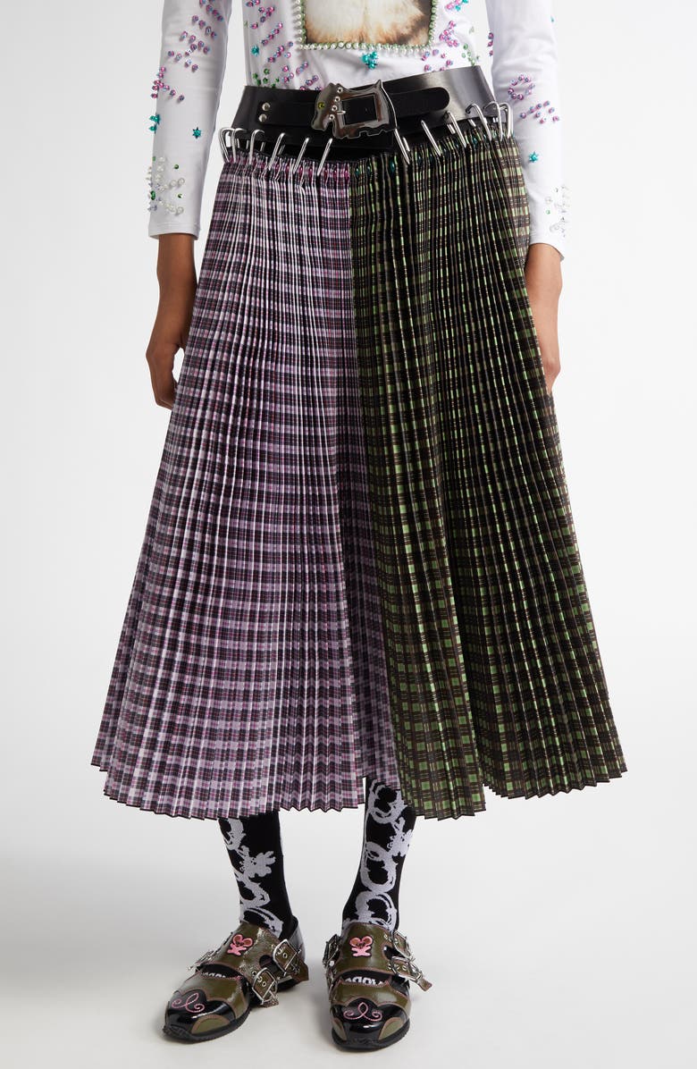 Chopova Lowena Catherine Mixed Plaid Pleated Carabiner Midi Skirt, Main, color,