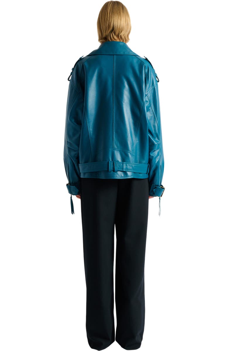 Balmain Lambskin leather biker jacket, Alternate, color, Blue