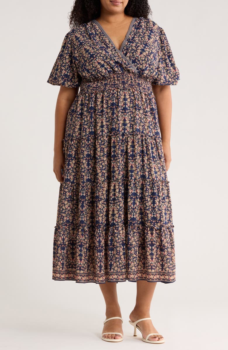 MAX STUDIO V-Neck Puff Sleeve Tiered Dress, Main, color, Sapphire/ Terra Shaded Paisley