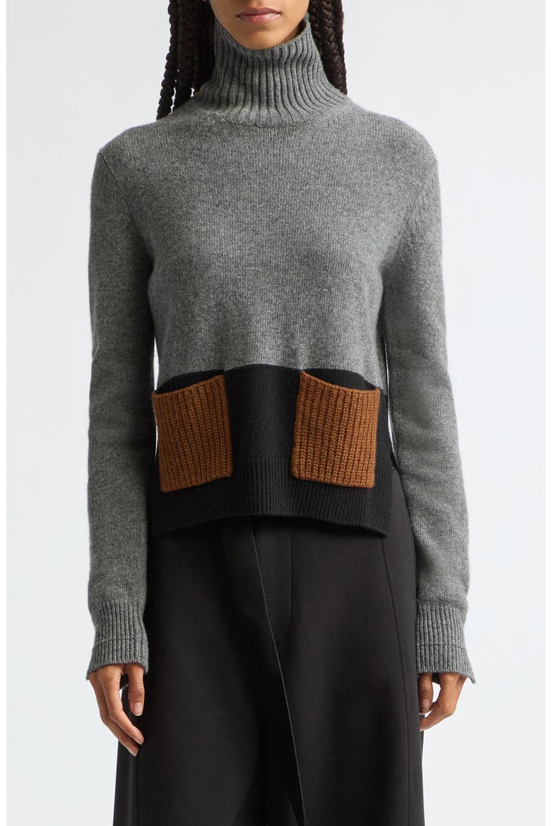 Colorblock Turtleneck Wool & Cashmere Sweater, Main, color, GREY BLACK RUM