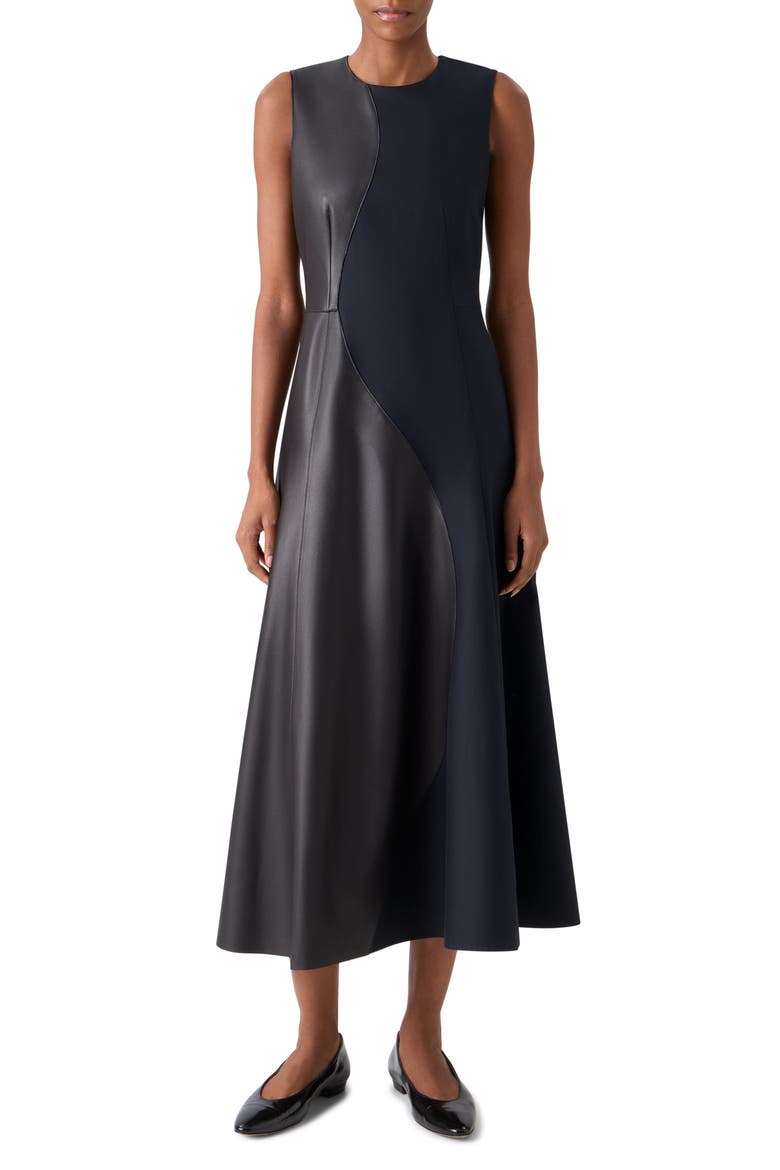 Leather Patch Cotton & Wool Midi Dress, Main, color, BLACK