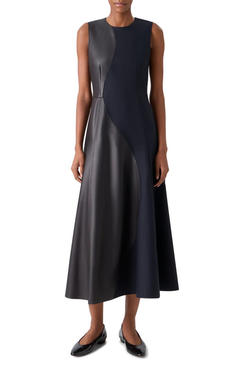 Akris Leather Patch Cotton & Wool Midi Dress, Main, color, Black