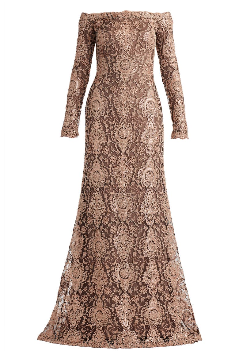Sequin & Lace Off the Shoulder Long Sleeve Gown, Alternate, color, GINSENG