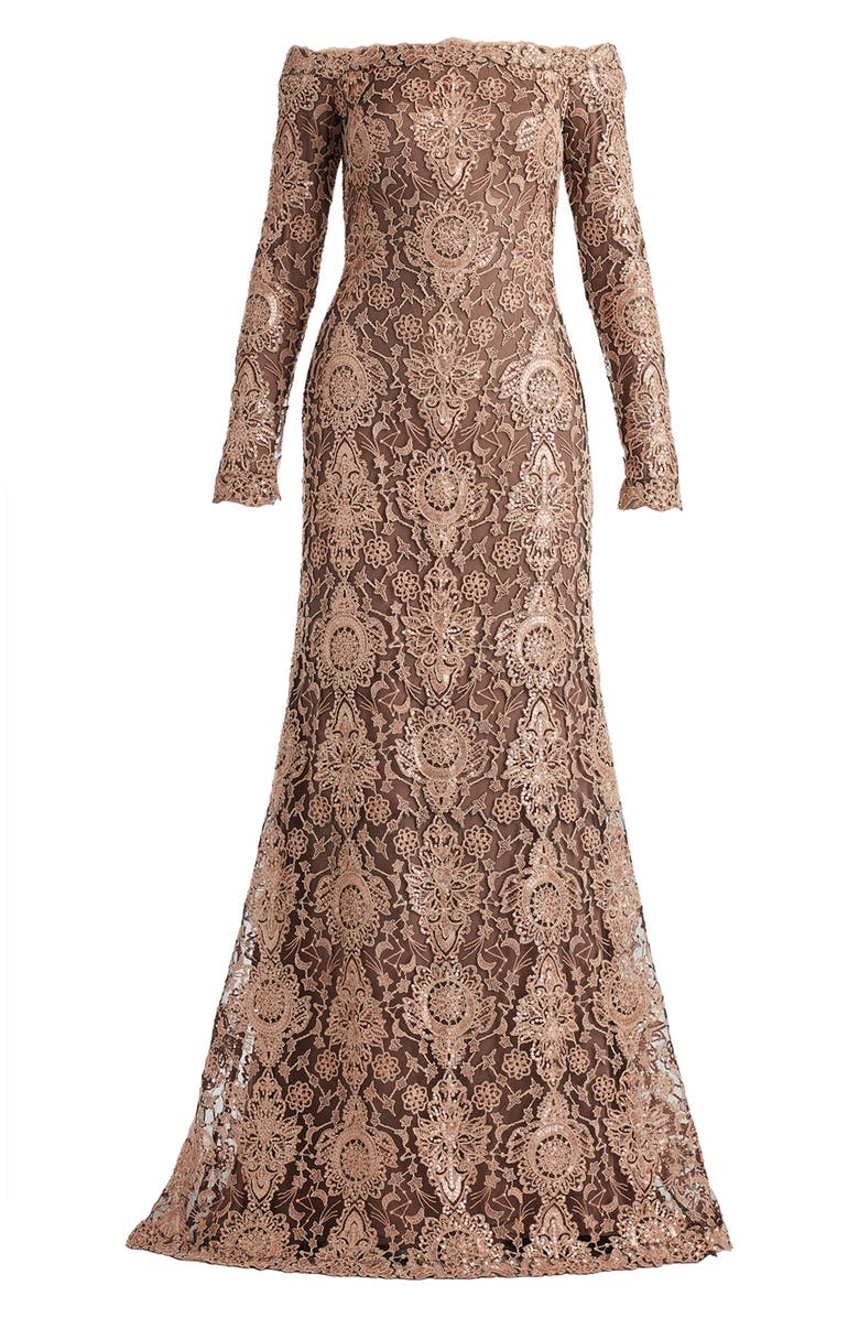 Tadashi Shoji Sequin & Lace Off the Shoulder Long Sleeve Gown, Alternate, color, Ginseng