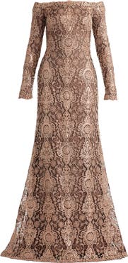 Tadashi Shoji Sequin & Lace Off the Shoulder Long Sleeve Gown