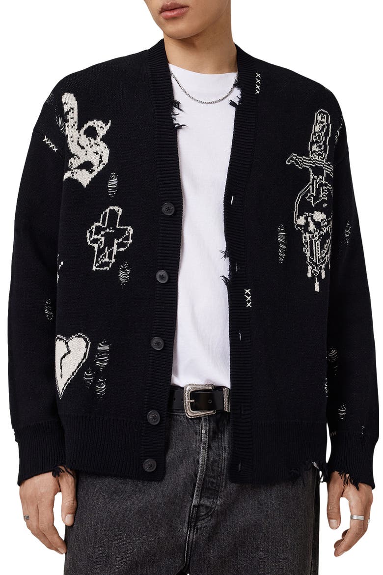 Caledon Jacquard Cardigan, Main, color, BLACK/ CHALK WHITE