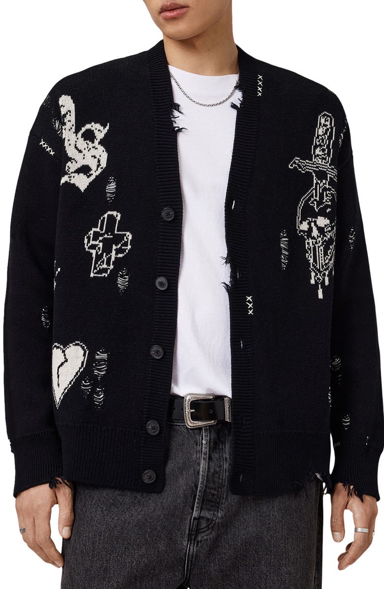 AllSaints Caledon Jacquard Cardigan, Main, color, Black/ Chalk White