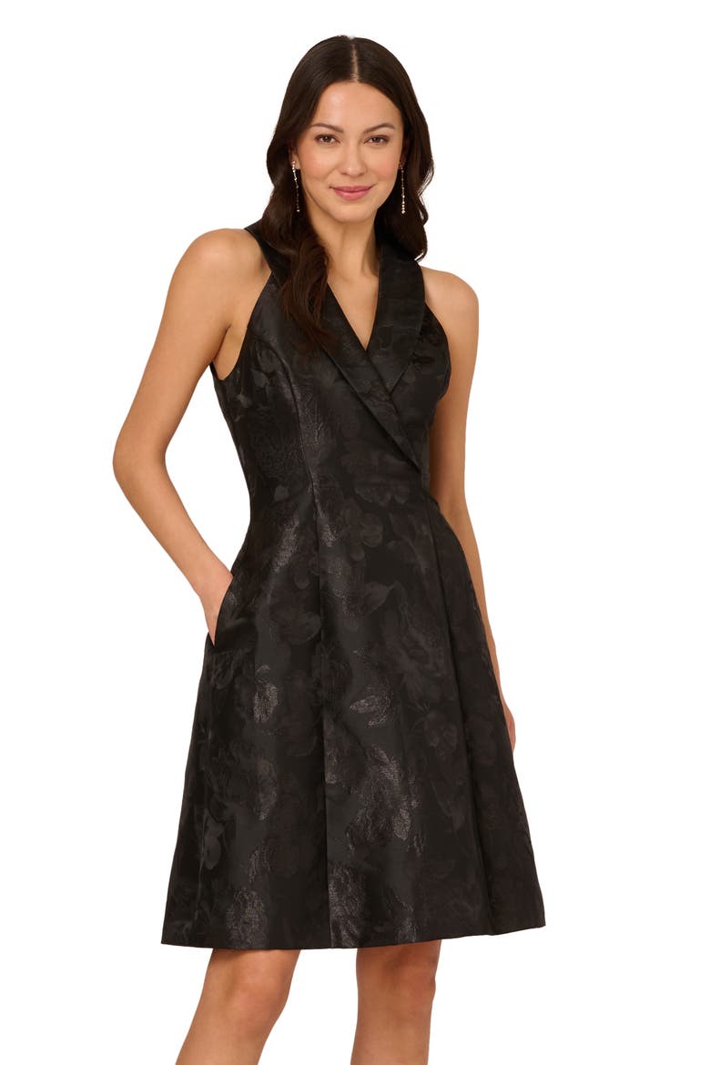Metallic Floral Jacquard Sleeveless Fit & Flare Cocktail Dress, Alternate, color, BLACK