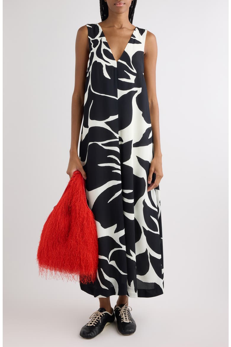 Dea Giant Floral Print Crepe Trapeze Dress, Alternate, color, BLACK