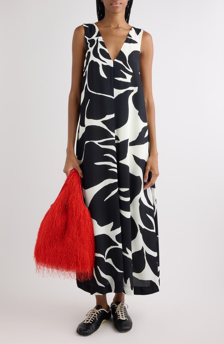 Dries Van Noten Dea Giant Floral Print Crepe Trapeze Dress, Alternate, color, Black