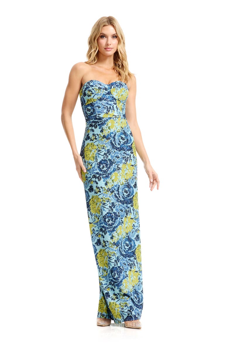 Vada Beaded Floral Strapless Column Gown, Alternate, color, SKY MULTI