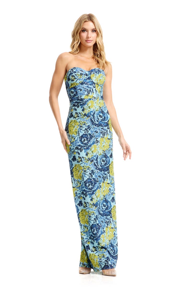 Dress the Population Vada Beaded Floral Strapless Column Gown, Alternate, color, Sky Multi
