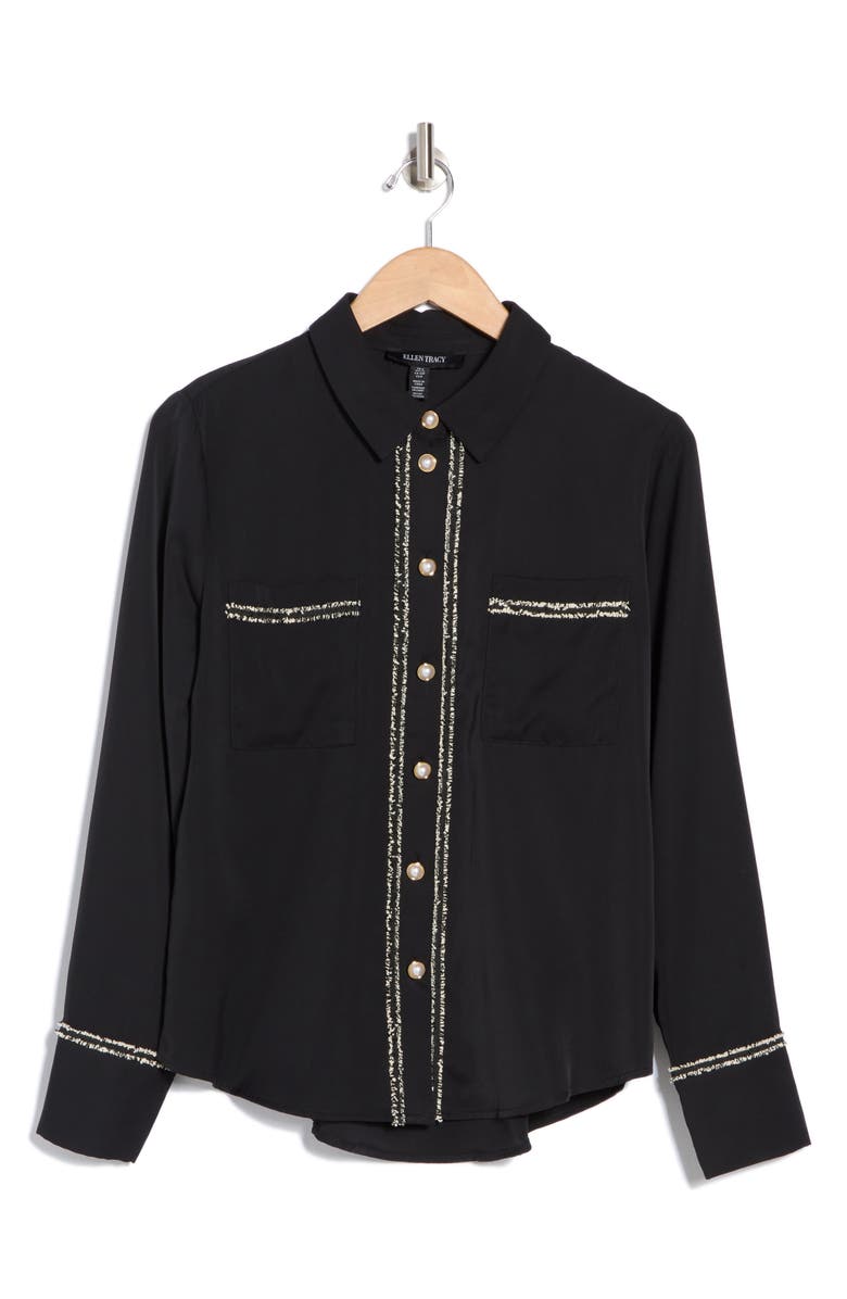 Ellen Tracy Tweed Trim Long Sleeve Button-Up Shirt, Alternate, color, Black
