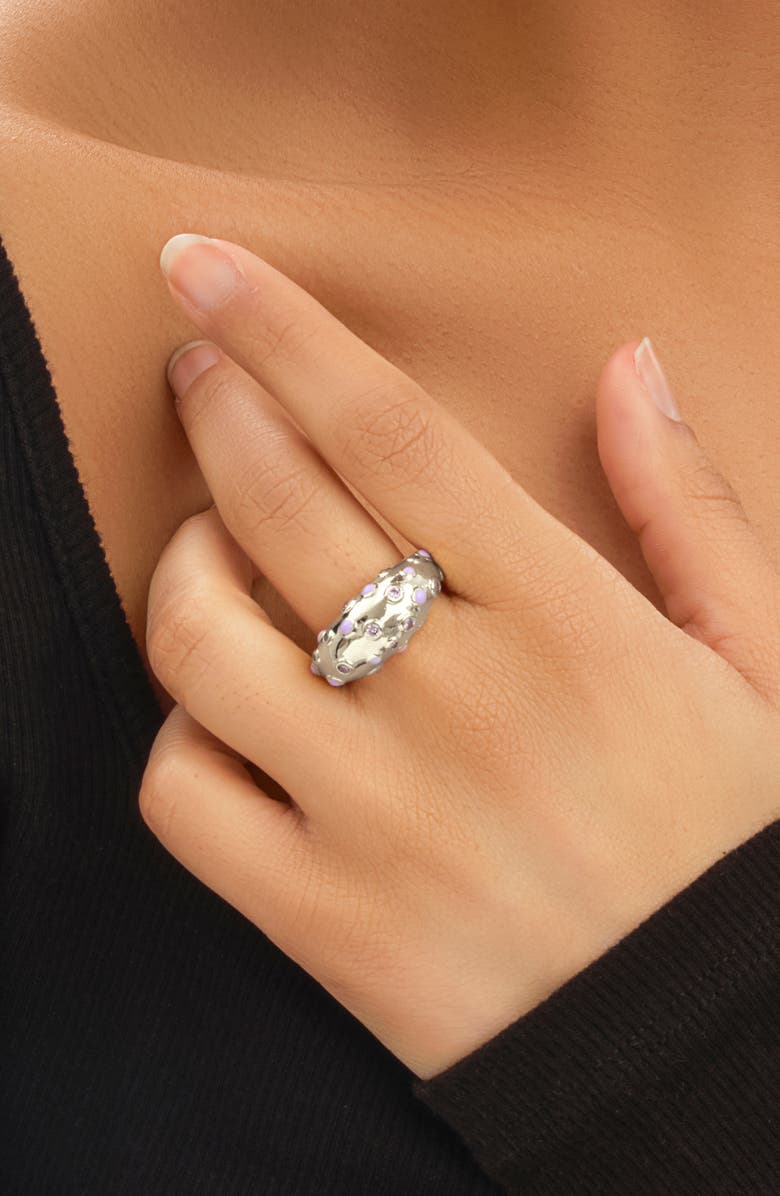 Sterling Forever Emberly Cubic Zirconia & Enamel Dot Dome Ring, Alternate, color, Silver