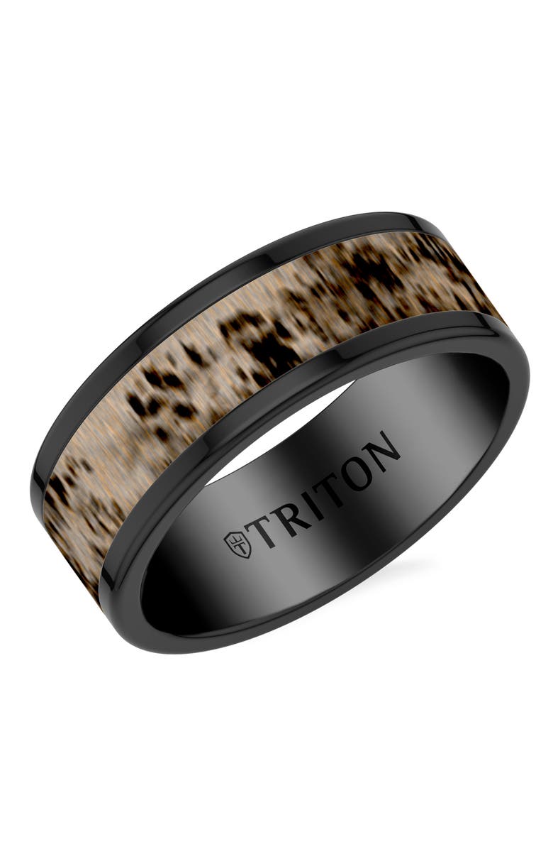 Triton 8MM Contemporary Black Tungsten Carbide Ring with Deer Antler Inlay Center and Polished Flat Edge Profile, Main, color, 