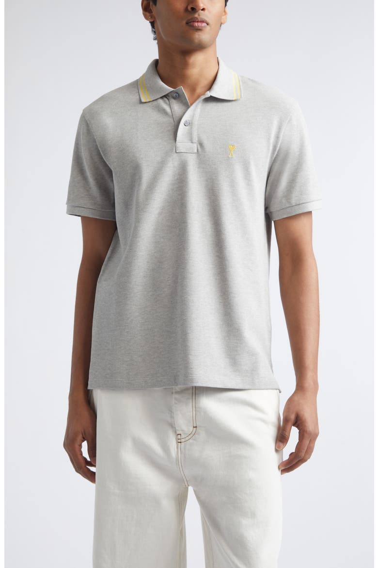 Ami de Coeur Embroidered Cotton Piqué Polo, Main, color, GRIS CHINE CLAIR/ JAUNE