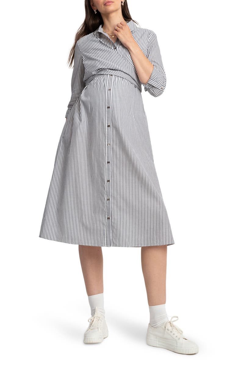 Seraphine Stripe Long Sleeve Maternity/Nursing Midi Shirtdress, Main, color, 