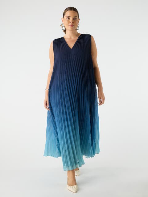 Ombre Pleated V-Neck Dress