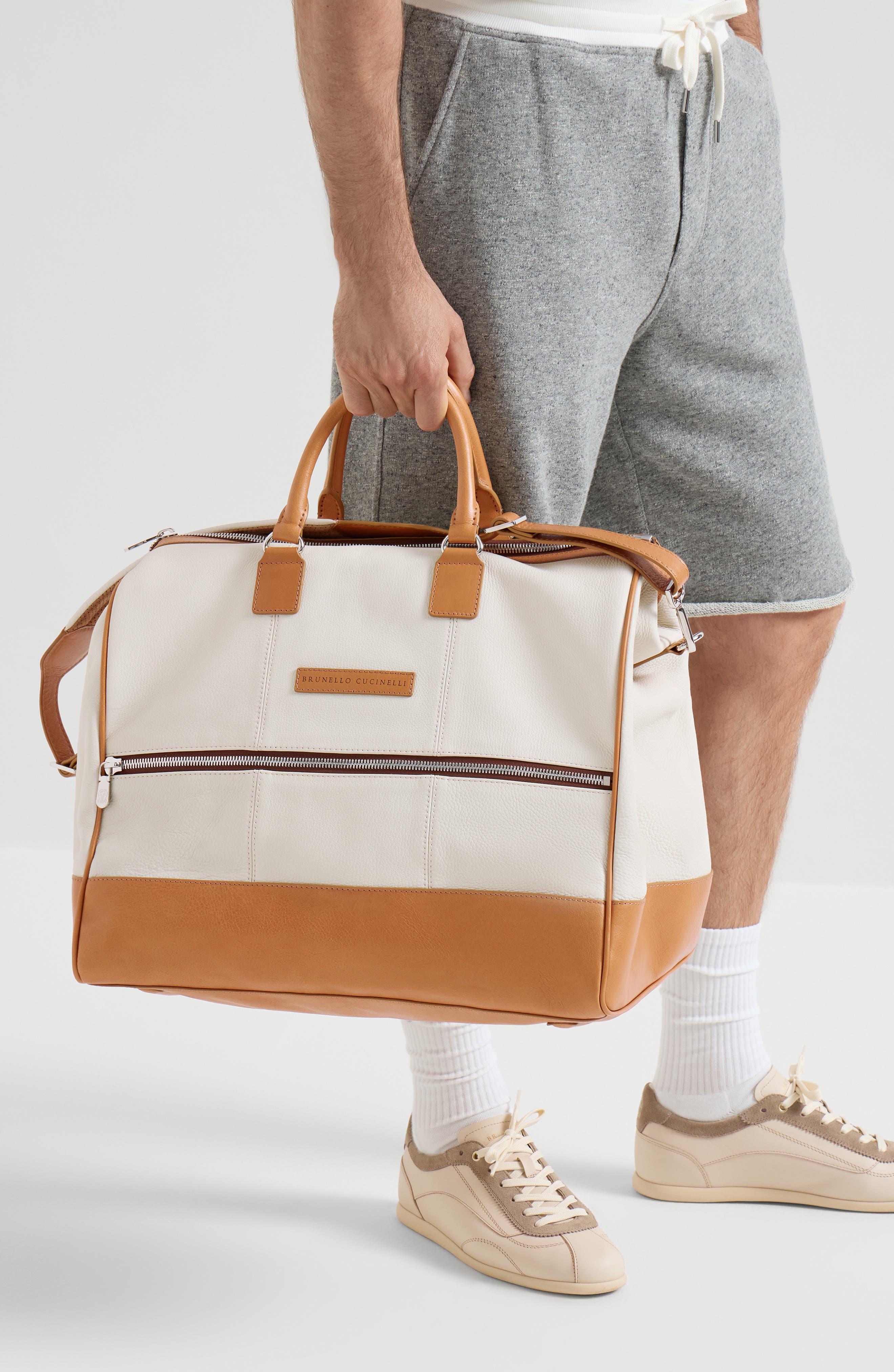 Brunello Cucinelli Calfskin and cowhide bag, Alternate, color, Ivory