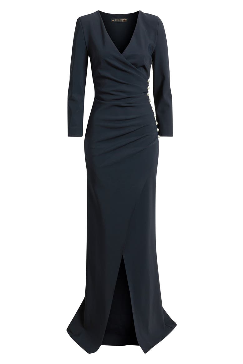 Wiesa Faux Pearl Detail Long Sleeve Gown, Alternate, color, DARK MIDNIGHT