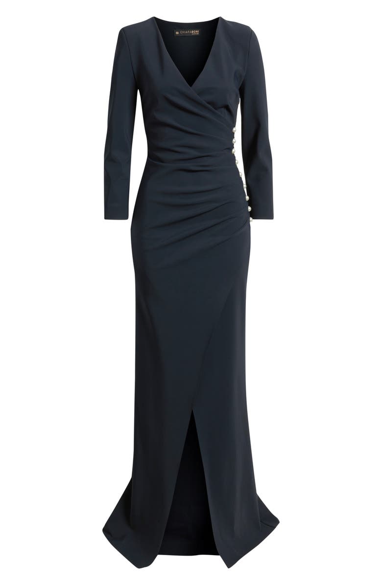 Chiara Boni La Petite Robe Wiesa Faux Pearl Detail Long Sleeve Gown, Alternate, color, Dark Midnight
