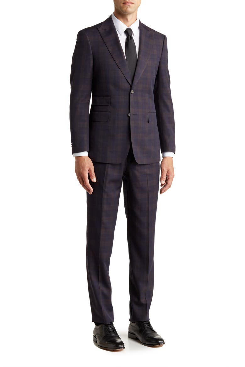 Plaid Two Button Peak Lapel Suit, Main, color, BLUE