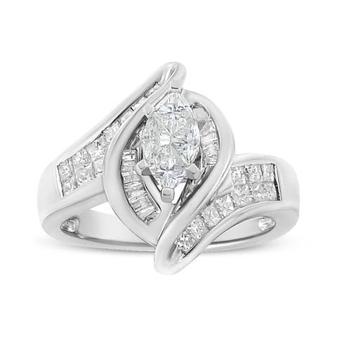 14K White Gold 1 1/4 Cttw Pie, Baguette and Princess cut Diamond Marquise Shape Engagement Cocktail Ring