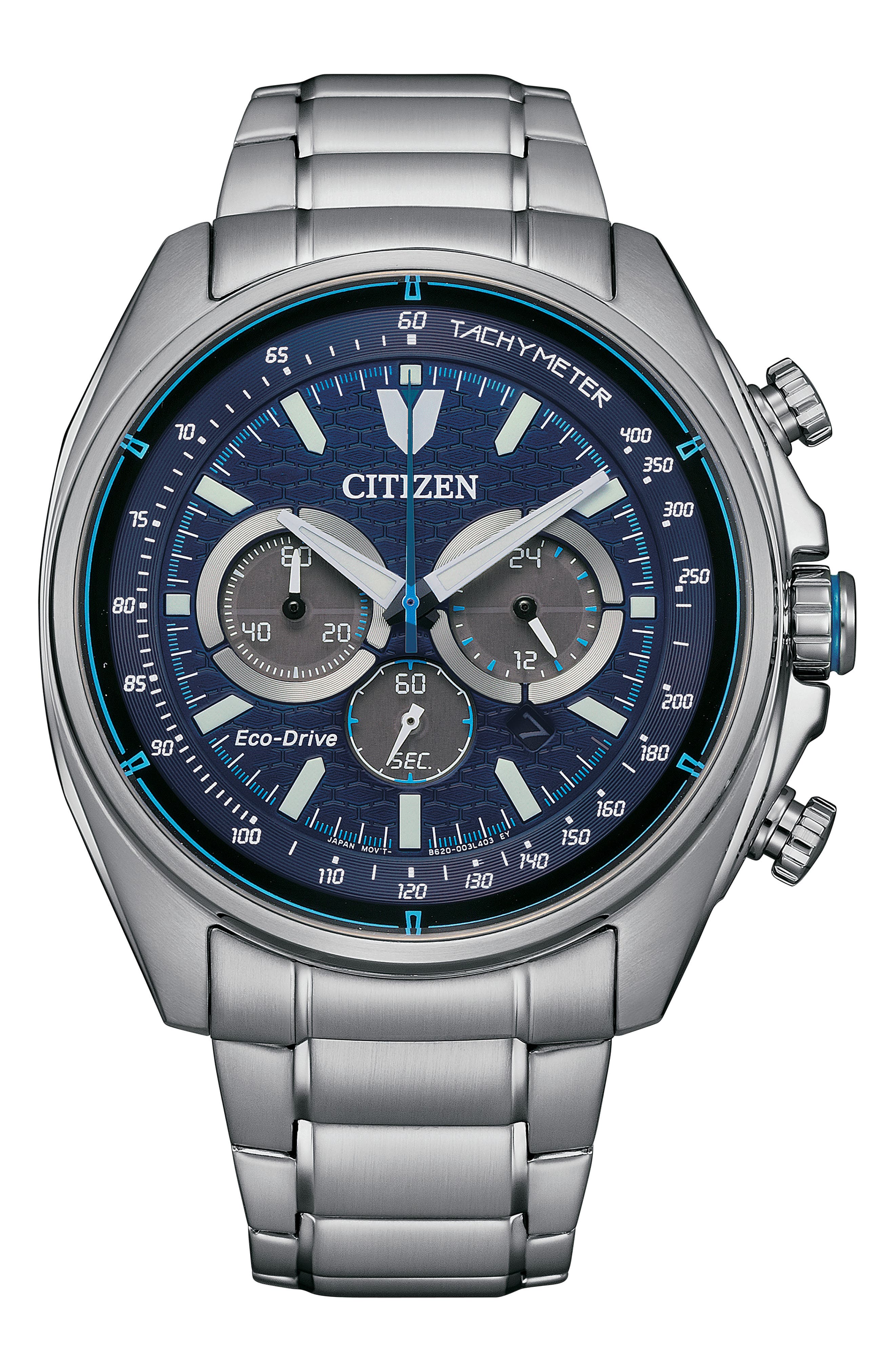 Eco Drive Chronograph Stainless Steel Bracelet Watch, 44mm