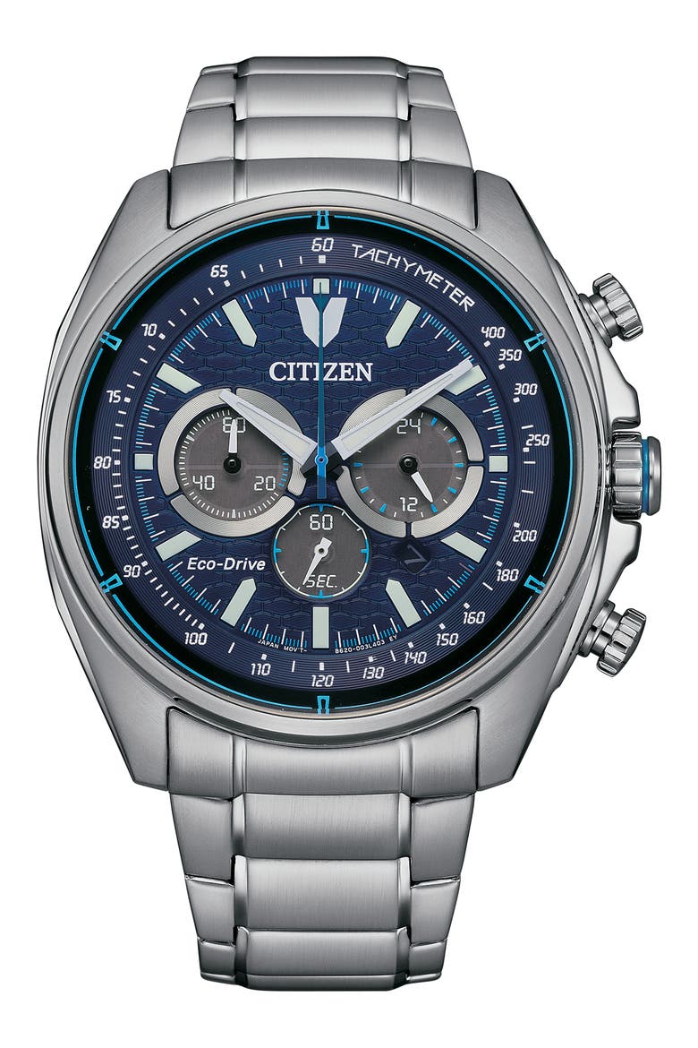 Eco Drive Chronograph Stainless Steel Bracelet Watch, 44mm, Main, color, SILVER
