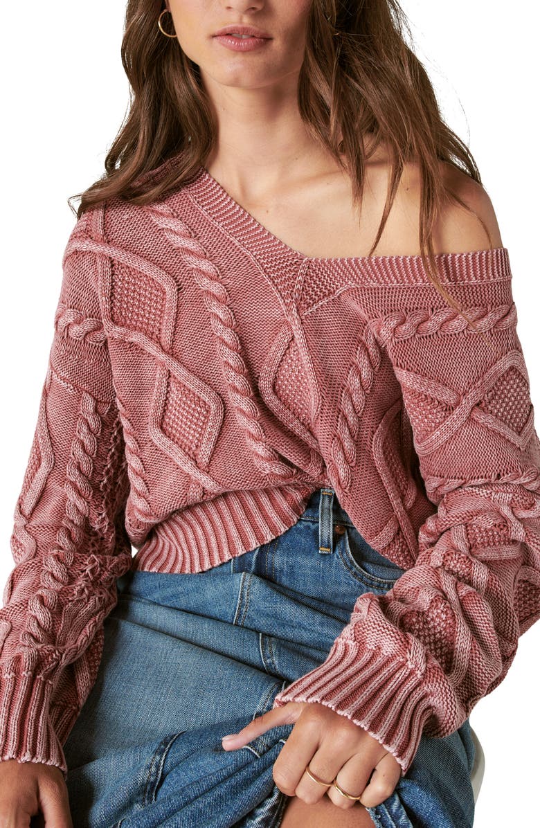 Lucky Brand Cable Stitch V-Neck Sweater, Alternate, color, 