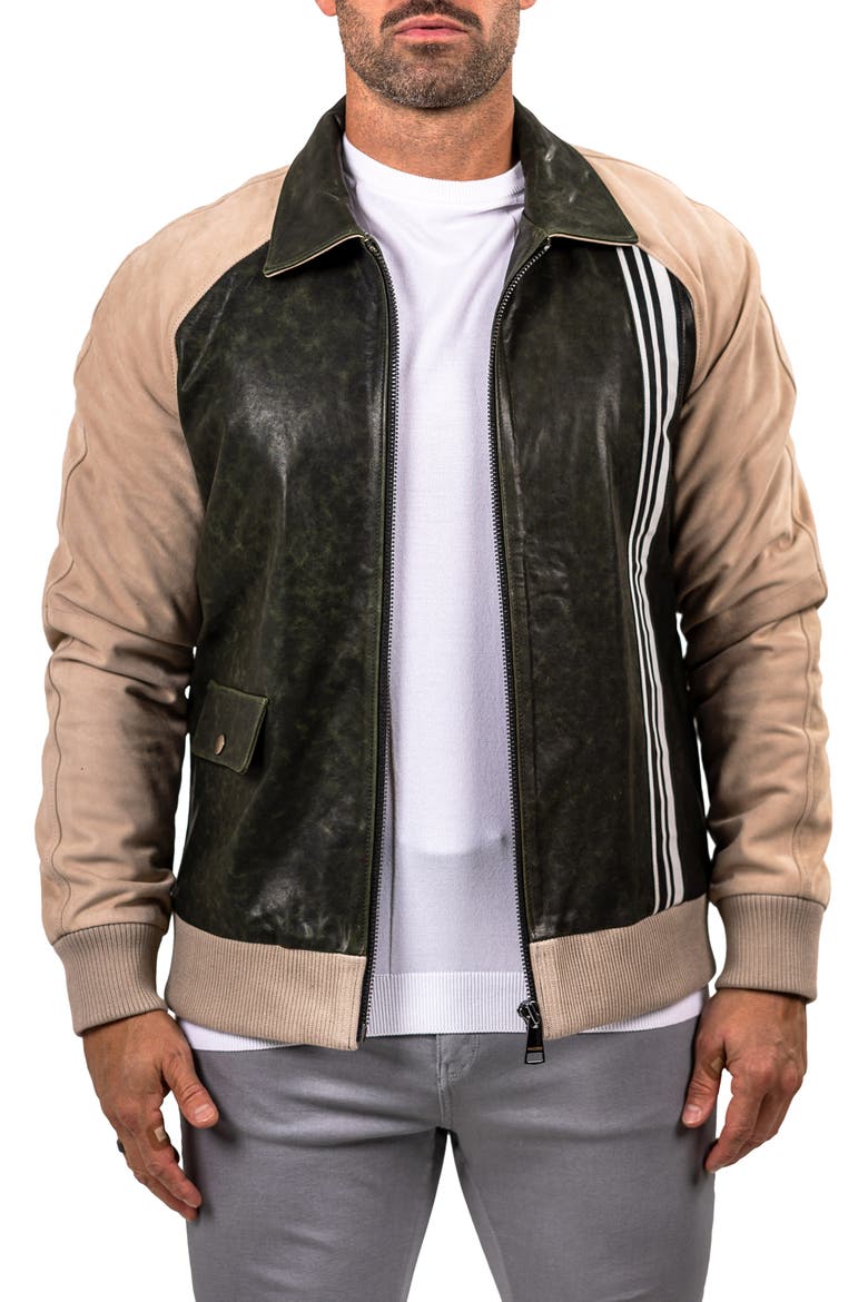 Leather Bomber Jacket, Main, color, GREEN