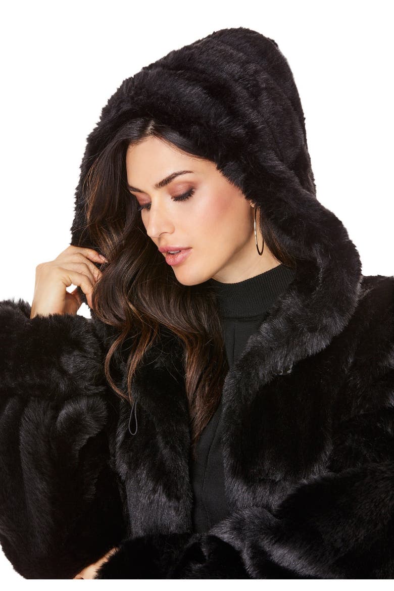 Plus Size Hooded Faux Fur Coat, Alternate, color, BLACK