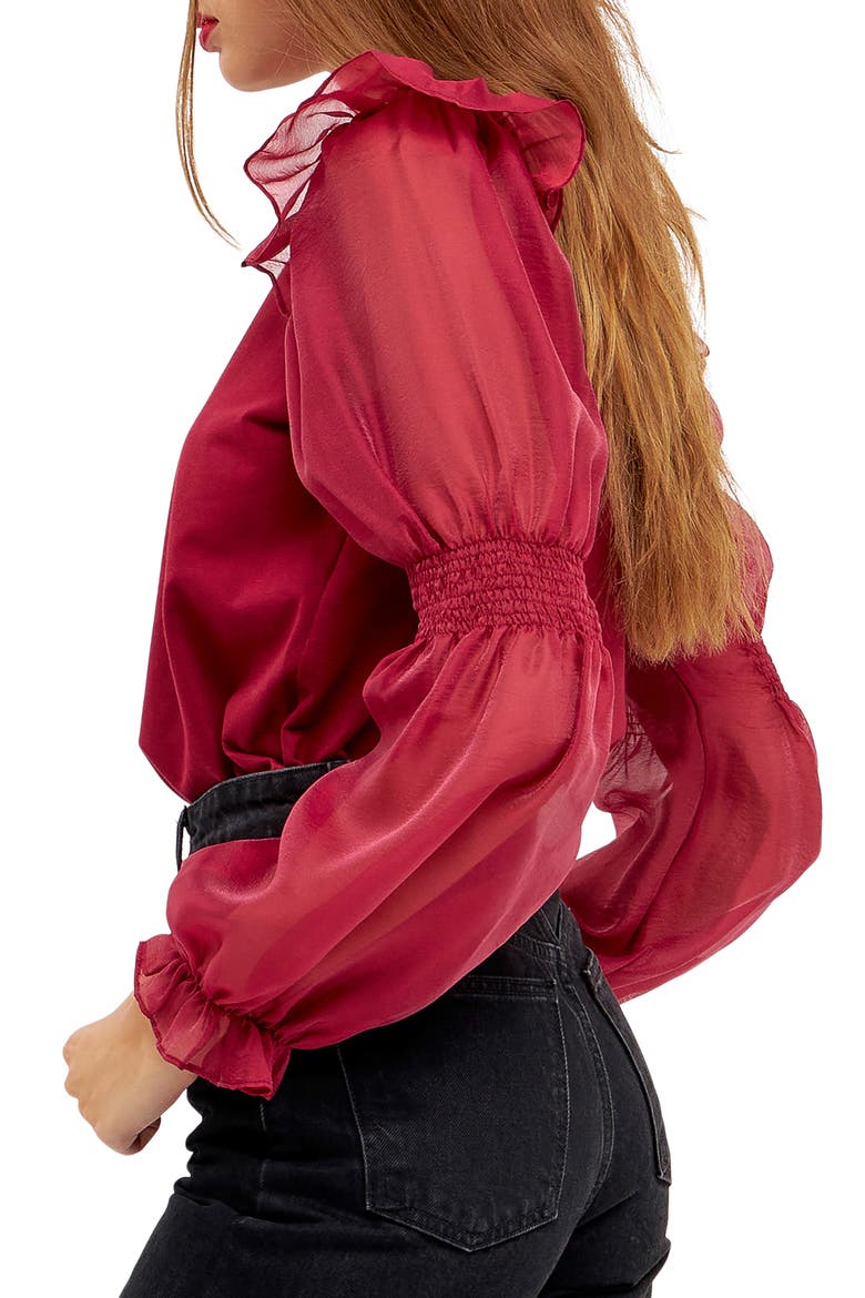 Puff Sleeve Cotton and Organza Blouse, Alternate, color, WINE
