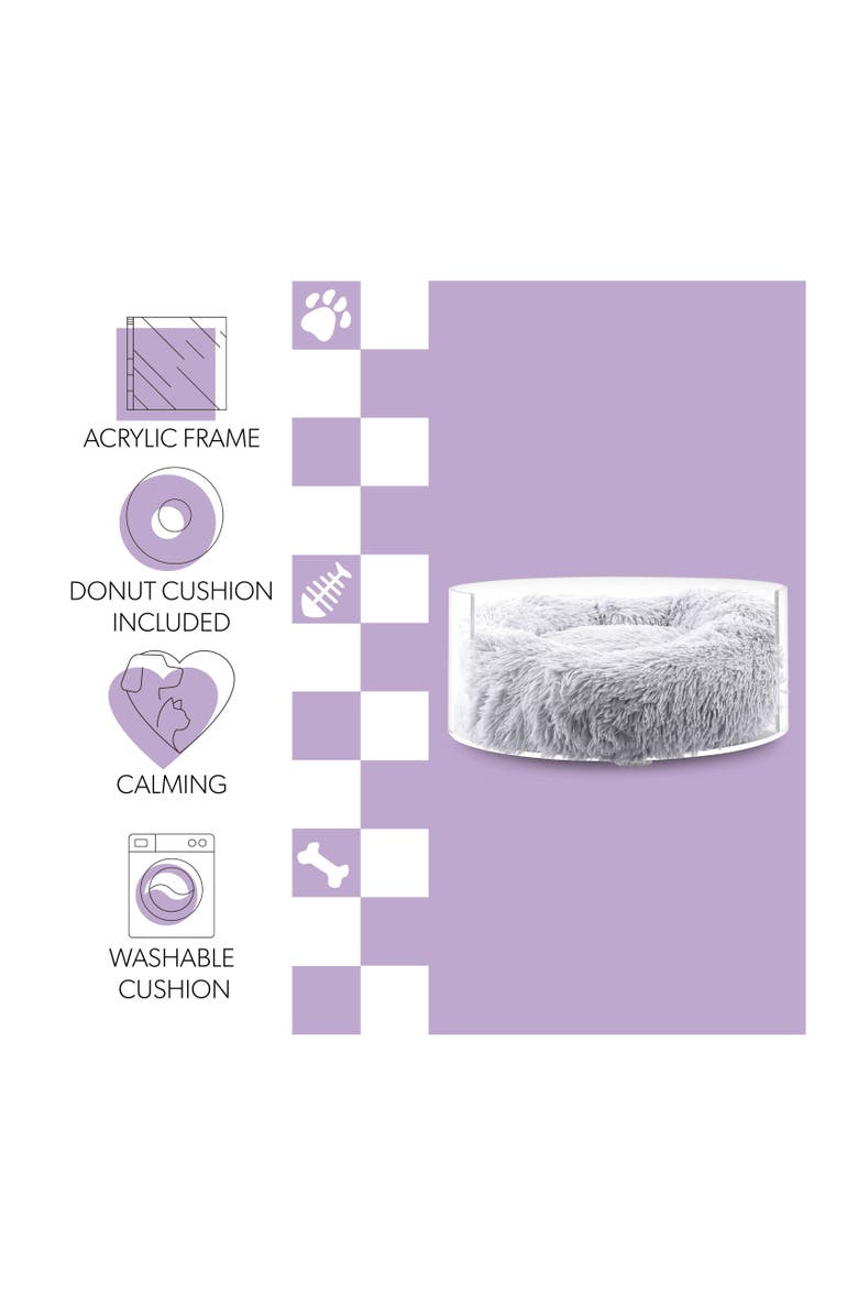 The Licker Store Bette 20.75" x 20.75" Small/Medium Modern Lucite Calming Fluffy Donut Pet Bed with Washable Cover, Alternate, color, Light Gray/Clear