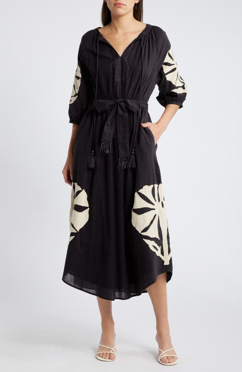 CIEBON Tiana Embroidered Cotton Midi Dress in Black Multi 