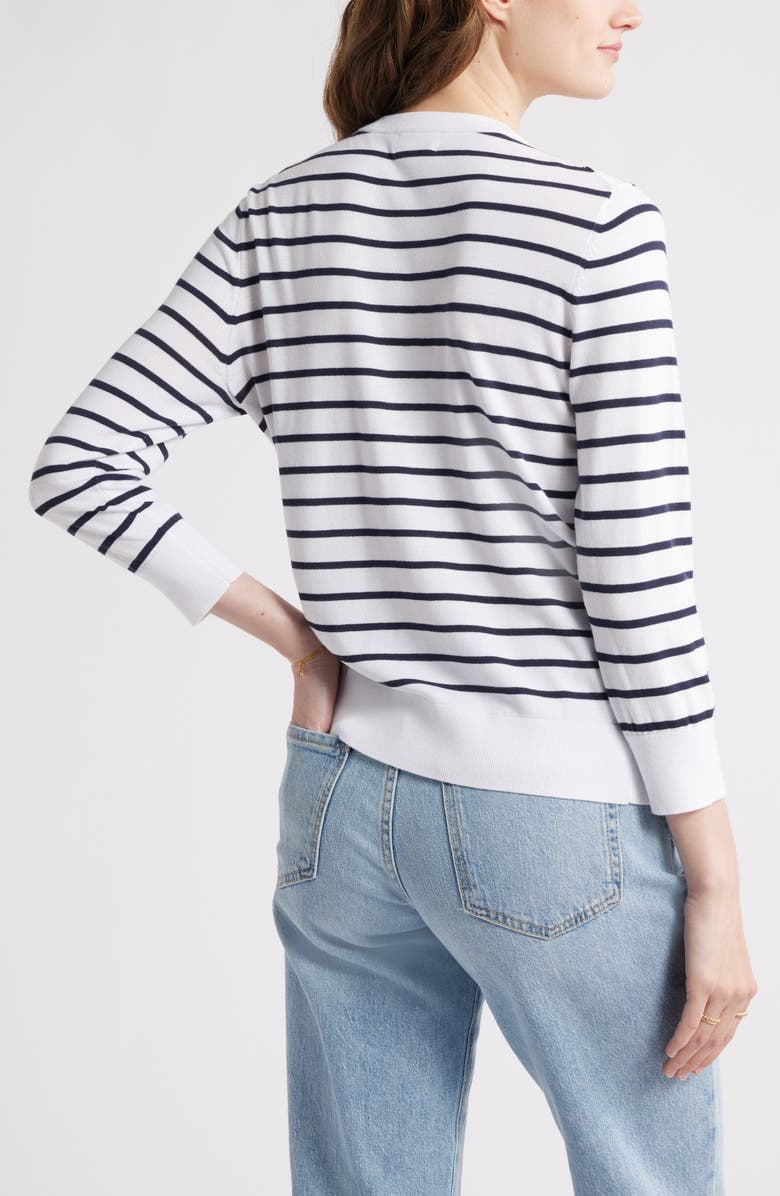 Caslon<sup>®</sup> Crewneck Cardigan, Alternate, color, White- Navy Josephine Stripe