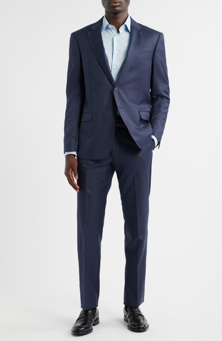 Emporio Armani Navy Blue Check Wool Suit, Main, color, Plaid Blue
