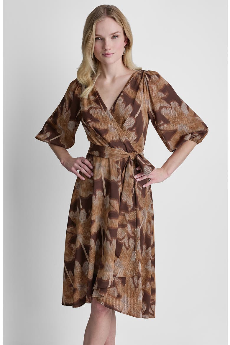Floral Crepe Wrap Dress, Alternate, color, JAVA
