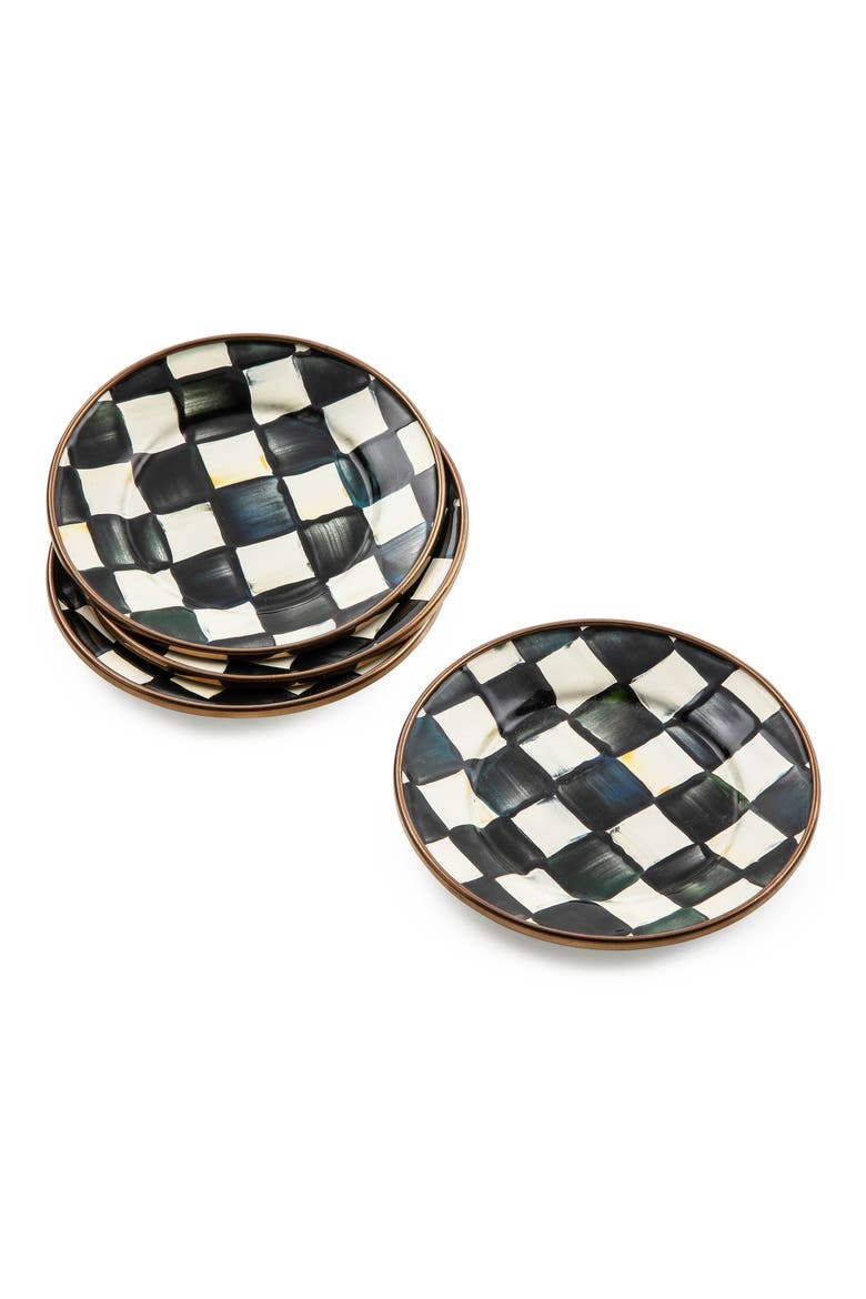 Courtly Check Set of 4 Enameled Steel Appetizer Plates, Alternate, color, BLACK/ WHITE