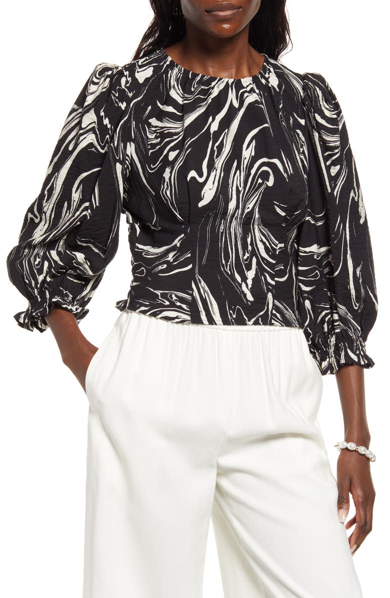 Open Edit Balloon Sleeve Smocked Crop Top, Main, color,