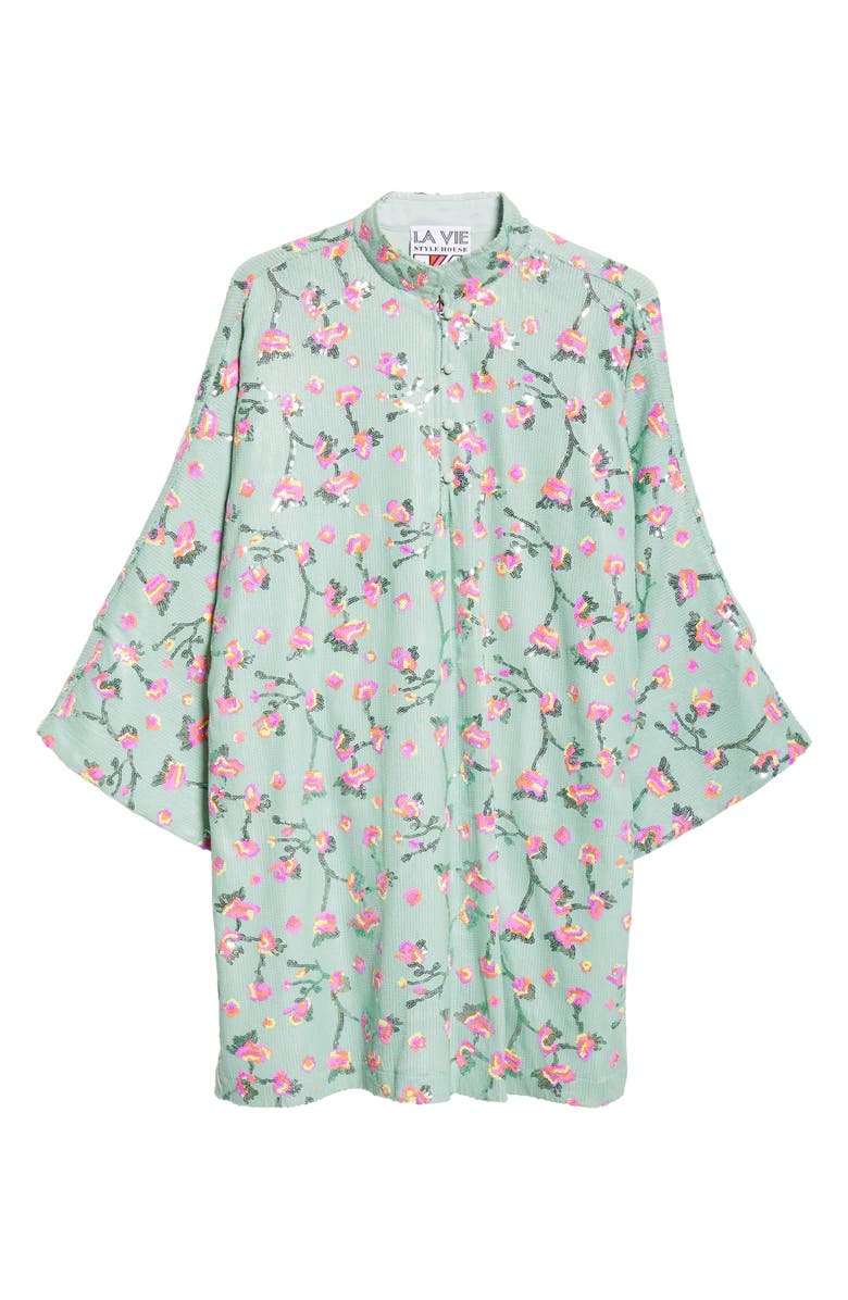 La Vie Style House Floral Sequin Bell Sleeve Cover-Up Dress, Alternate, color, Mint Pink Multi