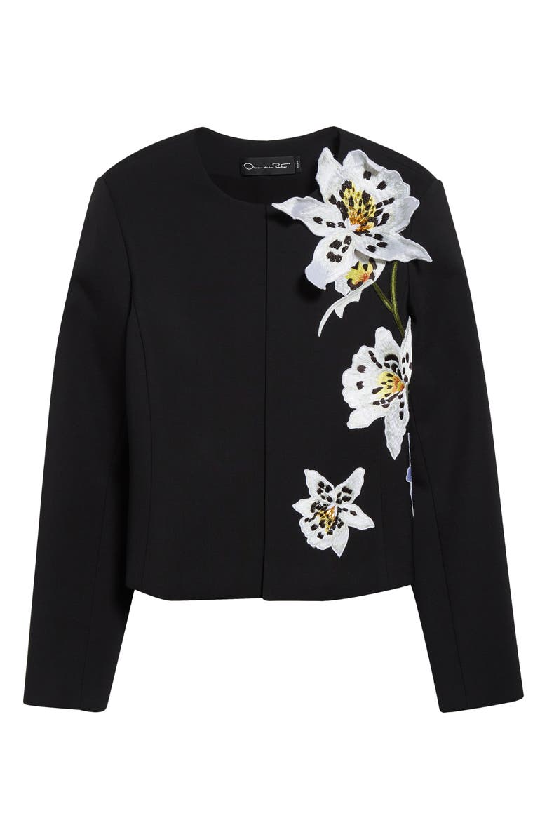 Oscar de la Renta Orchid Embroidered Bonded Wool Crop Jacket, Alternate, color, 