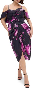 City Chic Gina Print Off the Shoulder Midi Dress