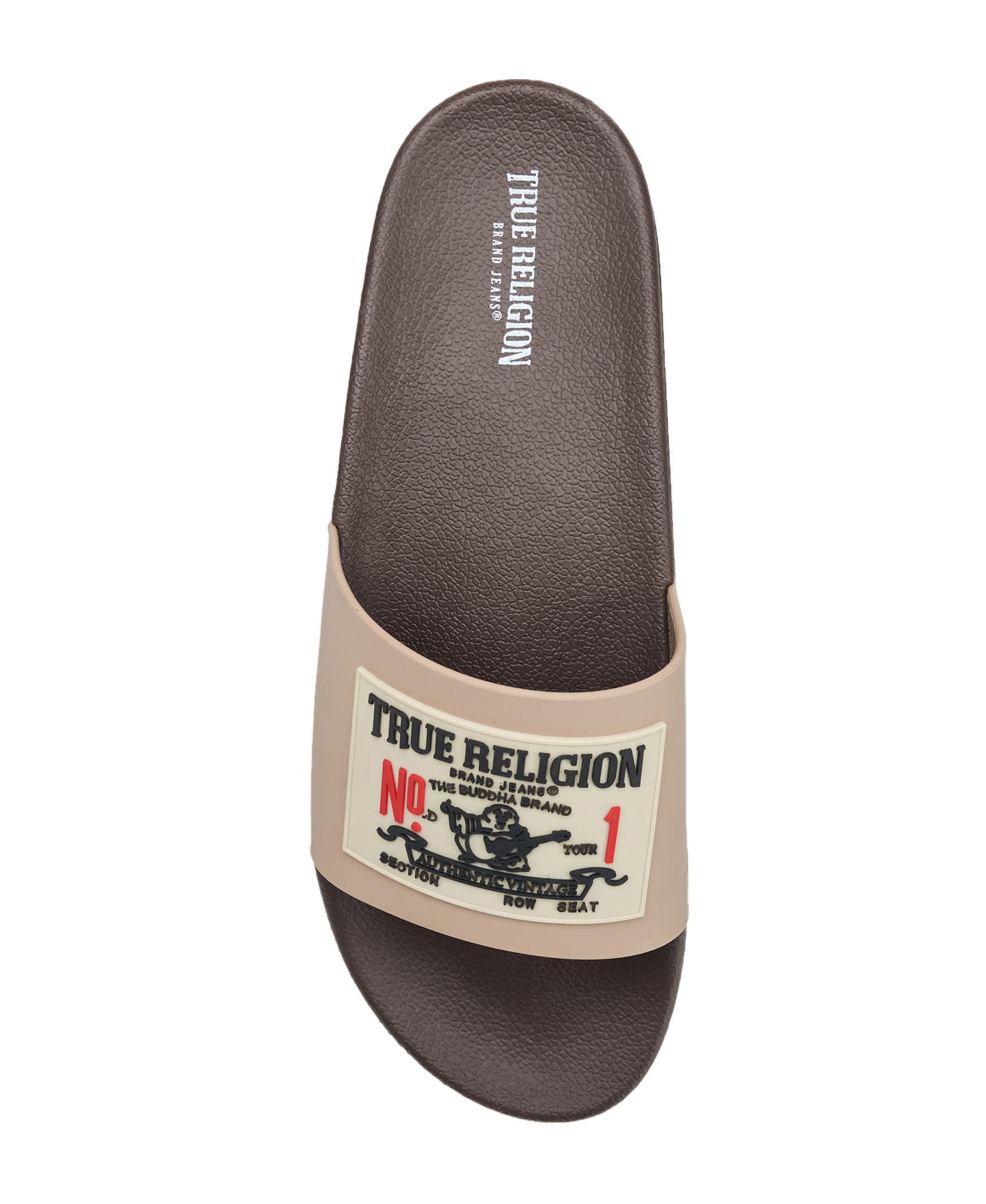 True Religion Kendrick Logo Slide, Alternate, color, Brown